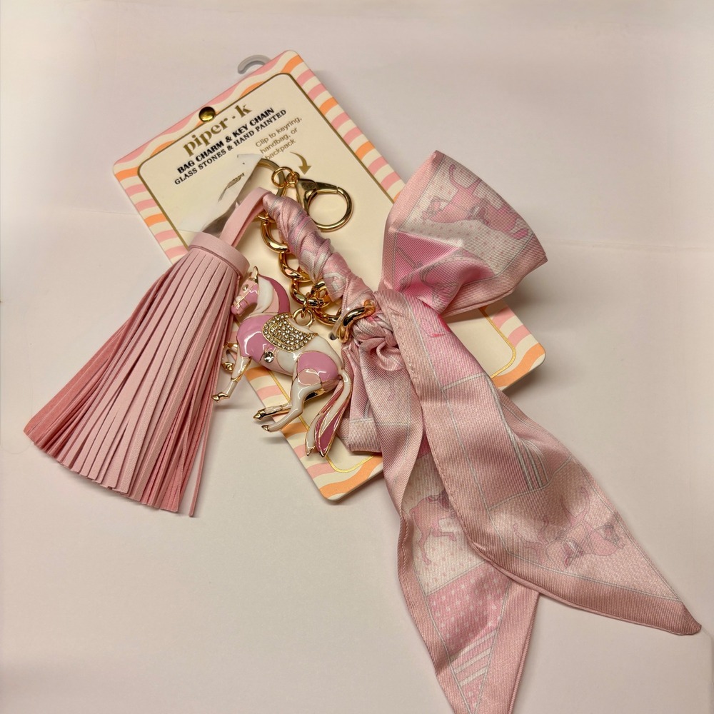 Piper K Pink Horse Bag Charm Key‎ Chain Hand Painted Glass Stones Tassel Bow NEW